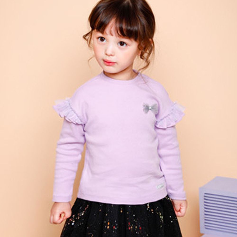 韓國 Jelispoon - 網紗荷葉裝飾袖上衣-紫