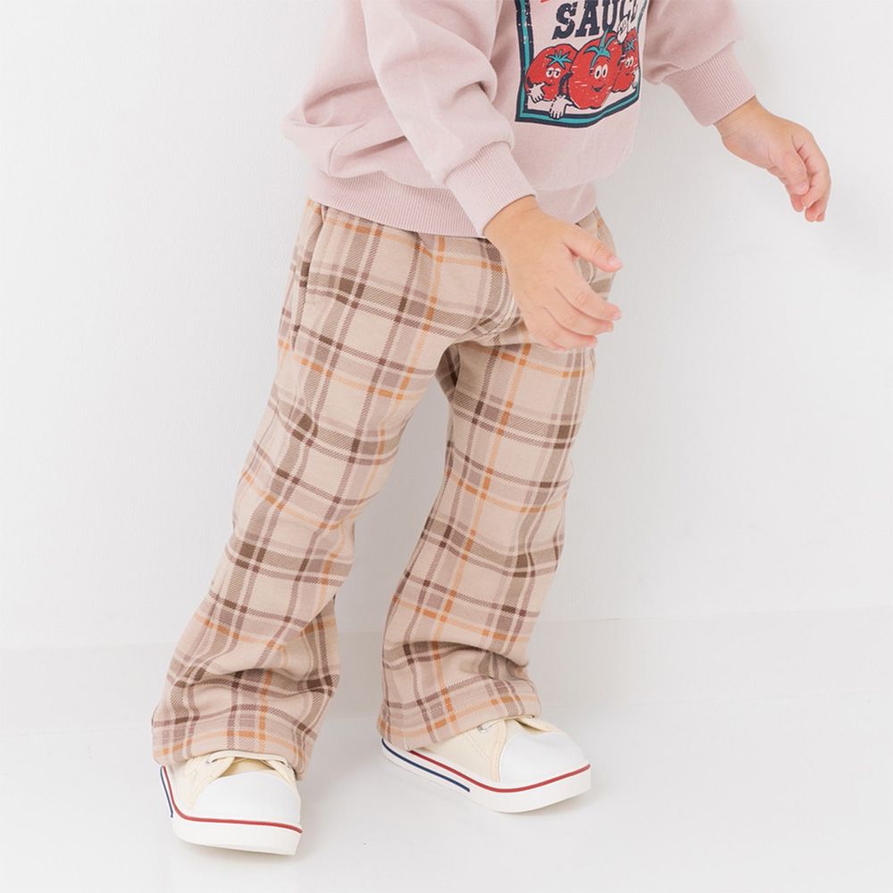 保暖內刷毛微喇叭彈力長褲-經典格紋-卡其