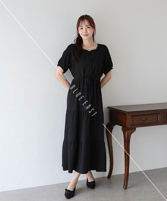 日本 BLUE EAST - 桃心領氣質分層短袖洋裝-水藍 ((短版))