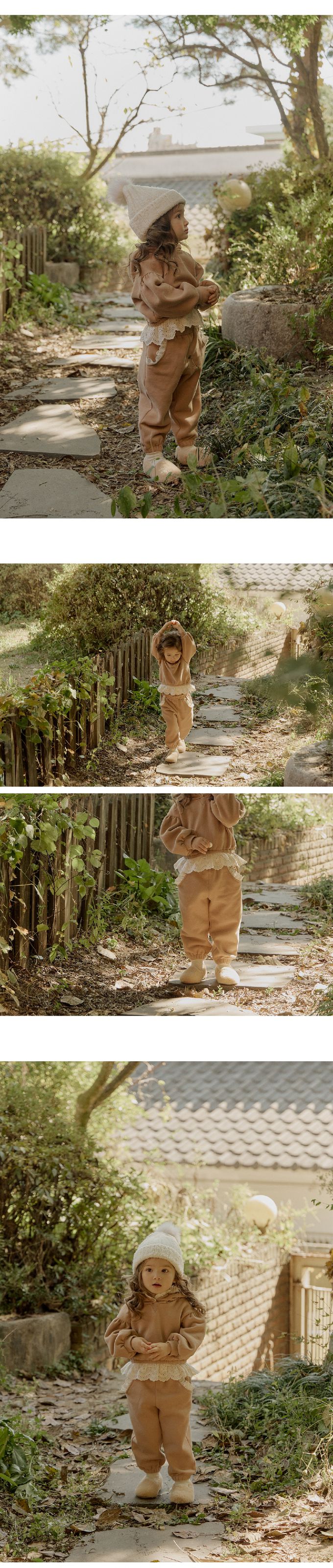 韓國 Puellaflo - 鬆緊腰布花蕾絲點綴縮口長褲-棕