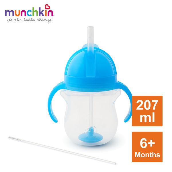 美國 munchkin - A+B超值組：貼心鎖滑蓋防漏杯(360度吸管)207ml(藍) + 吸管配件清潔刷組