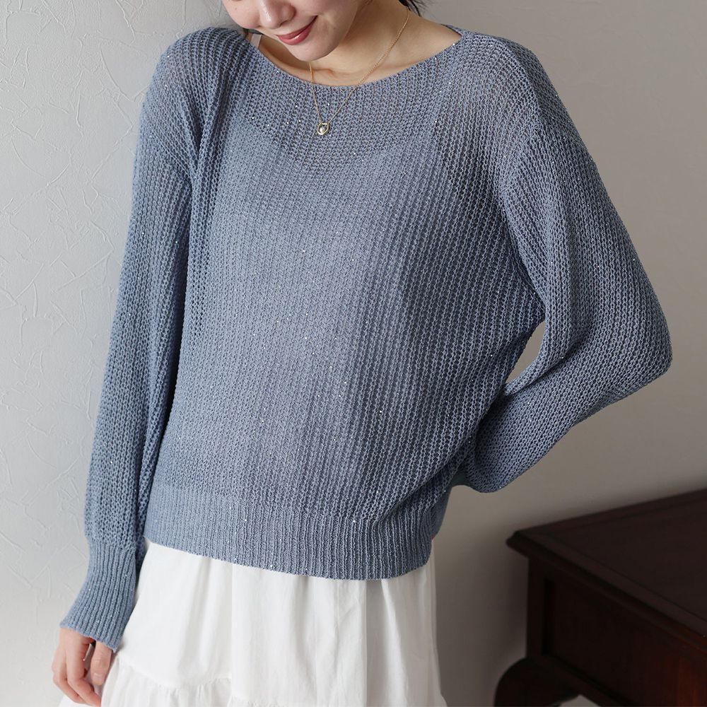 典雅船領閃爍亮片網眼針織上衣-藍