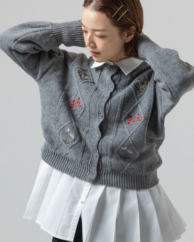 日本 gleam - 文藝風小花刺繡立體針織開襟衫-白