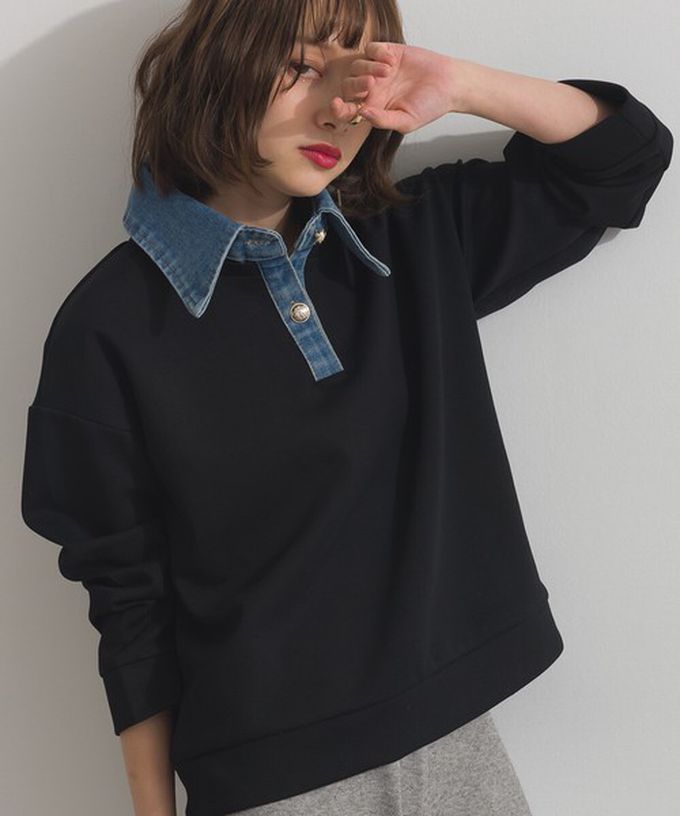 日本 ELENCARE DUE - 牛仔領層次感厚磅休閒長袖上衣-燕麥白