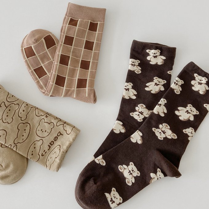 love, charlotte - 拿鐵小熊格子中筒棉襪 (XXL (22~24cm))-3 雙一組
