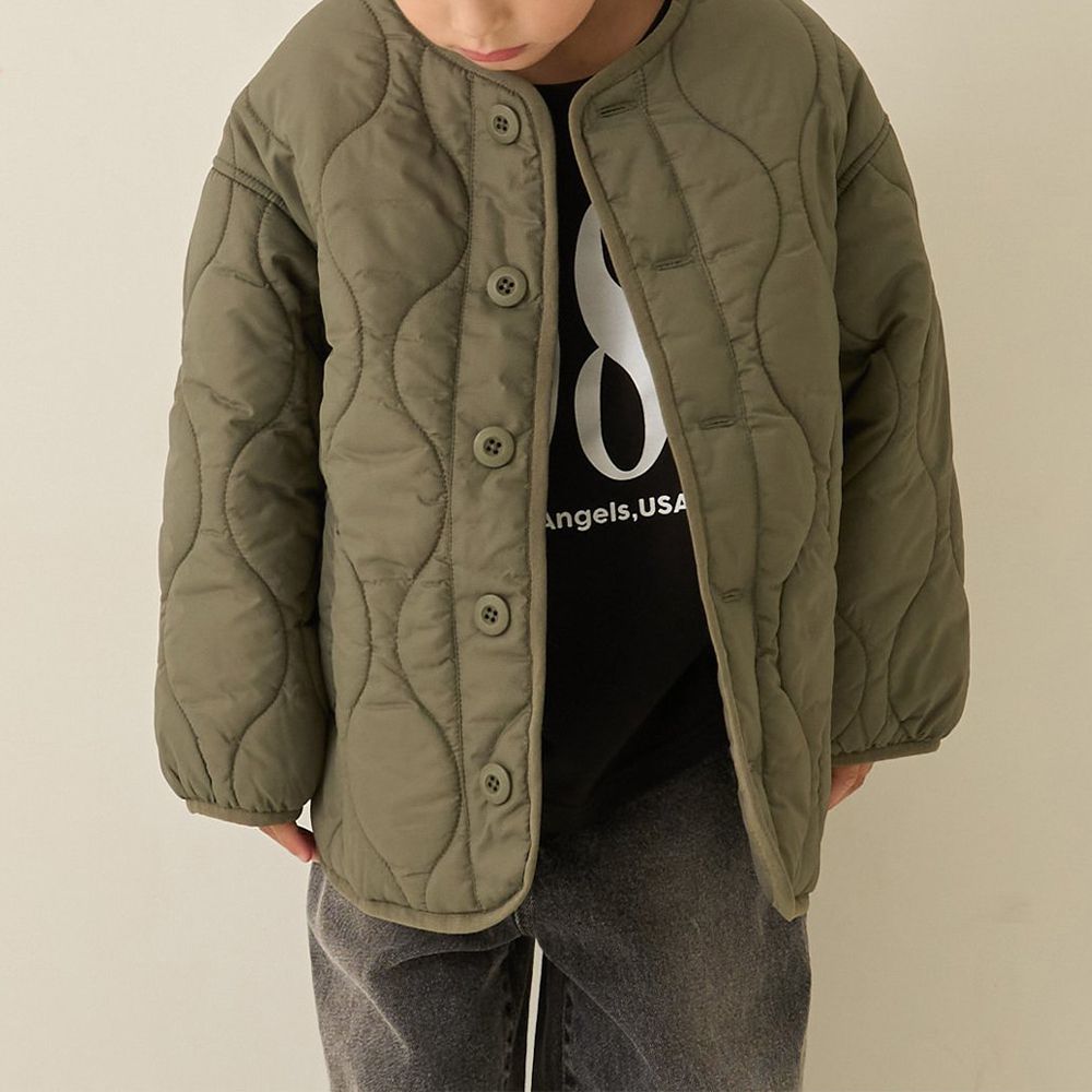 輕便無領絎縫保暖外套-軍綠