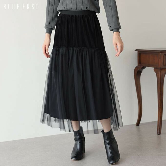 日本 BLUE EAST - 薄紗絲絨拼接飄逸長裙-(可選長度)-深藍