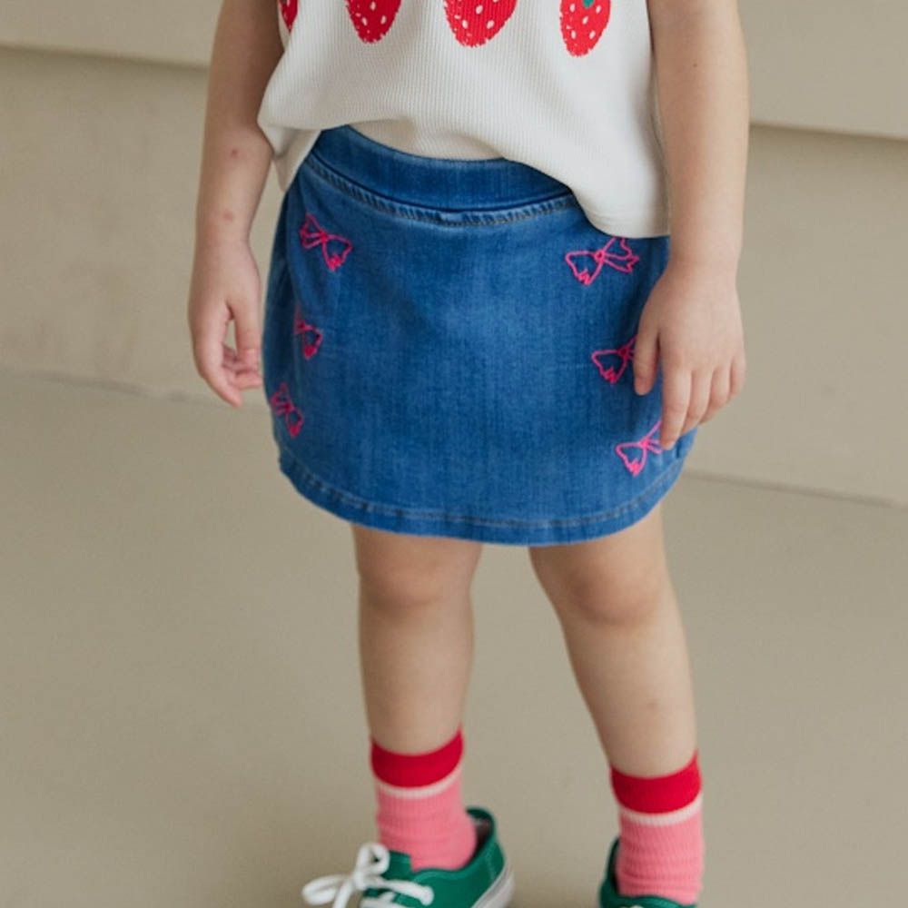 後鬆緊刺繡蝴蝶結丹寧褲裙-中青
