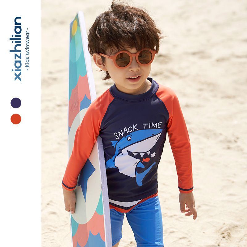 男寶防曬長袖泳裝套裝(附帽子)-鯊魚狩獵-深藍+橘紅