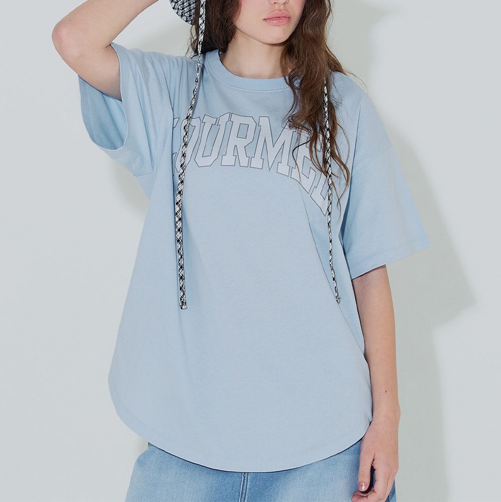 純棉學院風圓弧休閒短袖上衣(大人)-法文字-水藍