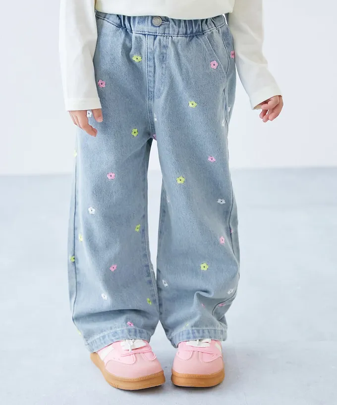 日本 devirock - 甜美亮麗刺繡刷色丹寧寬褲-愛心-淺藍