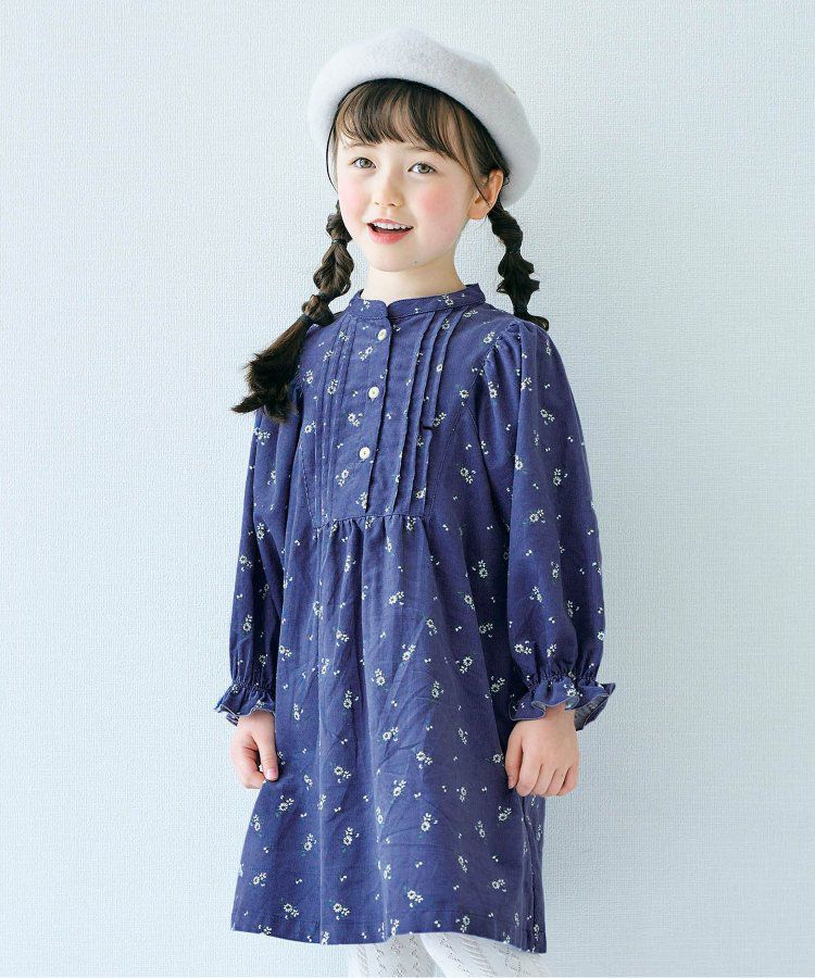 日本 apres les cours - 襯衫領微甜束口長袖洋裝-碎花-海軍藍