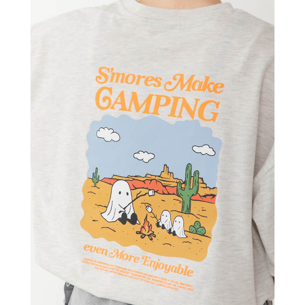 俏皮露營幽靈印花寬大風短袖T恤-燕麥灰