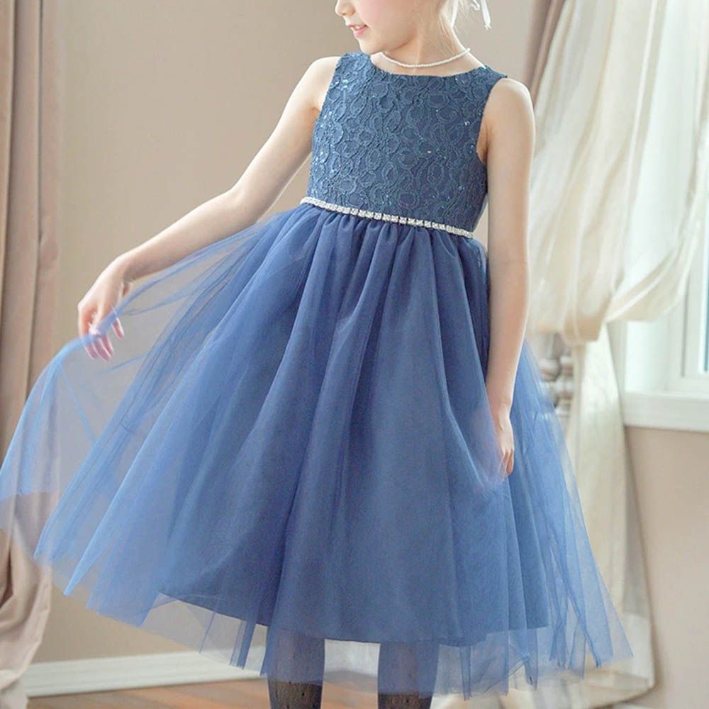 腰鑽飾前蕾絲後緞面洋裝/小禮服-海軍藍