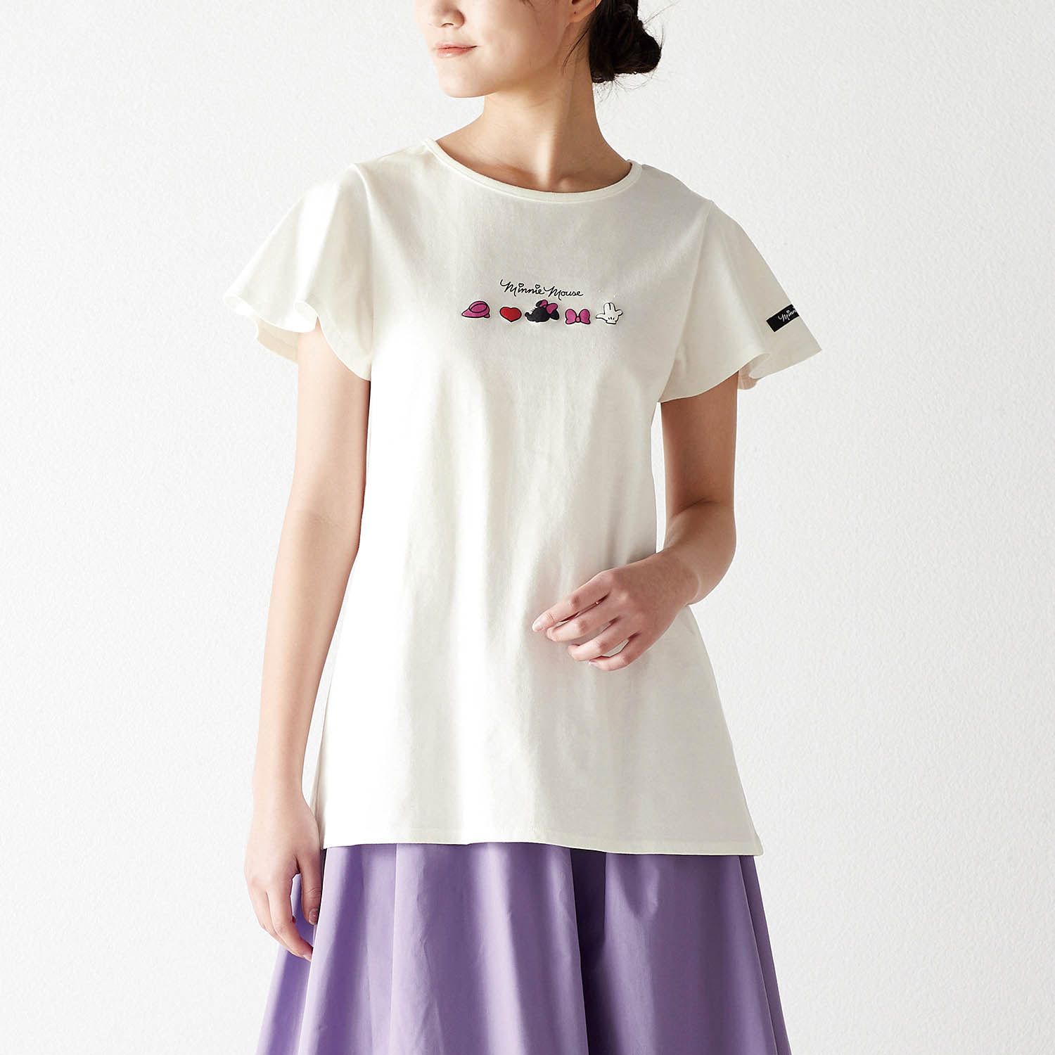 日本千趣會 - 迪士尼印花荷葉袖上衣(大人款)-米妮-白