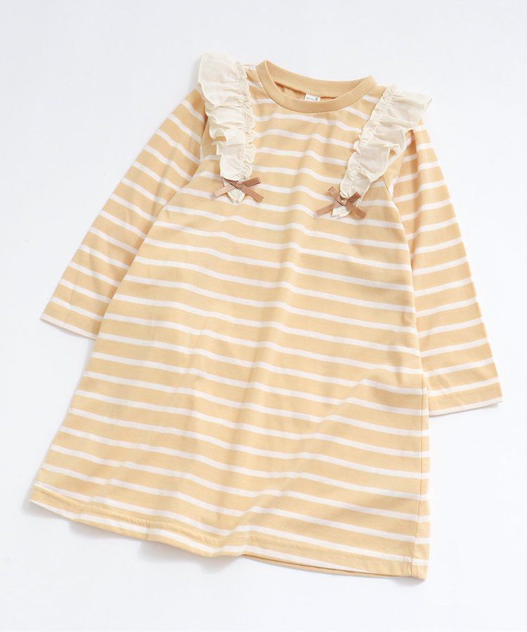 日本 apres les cours - 肩部荷葉印花薄長袖洋裝-愛心-海軍藍