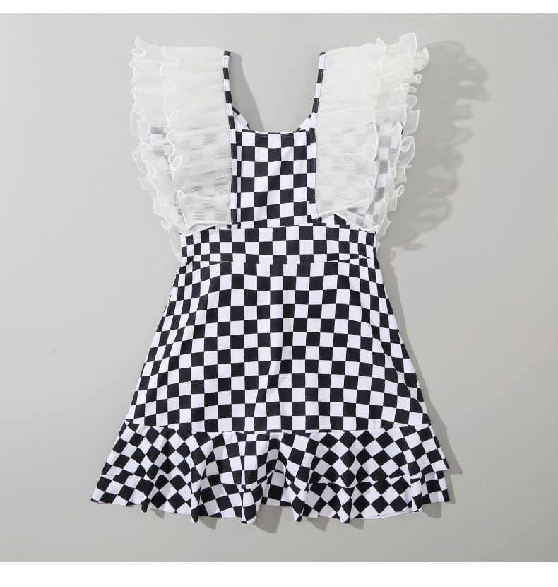 網紗荷葉格紋高腰連身泳衣-黑+白