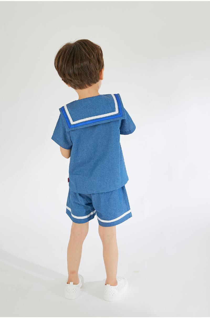 韓國 OZKIZ - 丹寧水手翻領排釦套裝-丹寧藍