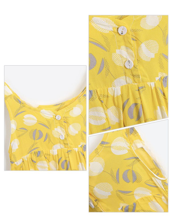 小清新印花吊帶洋裝-滿版花朵-黃+白+灰