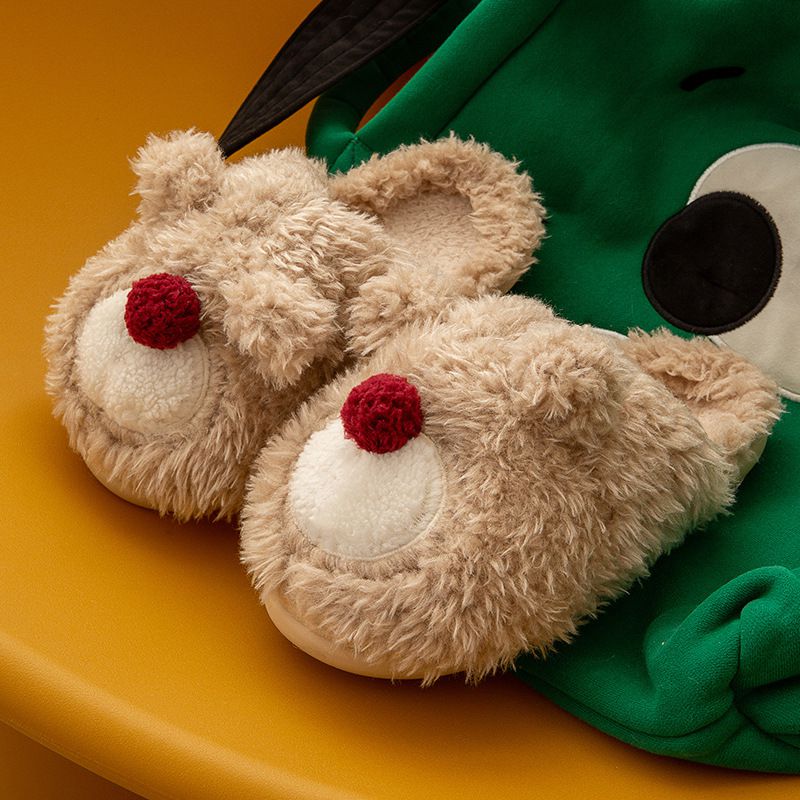 毛毛保暖室內拖鞋-小熊-卡其色