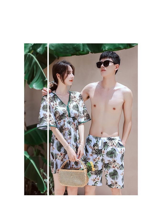 男士泳褲-復古葉片-棕+綠+白