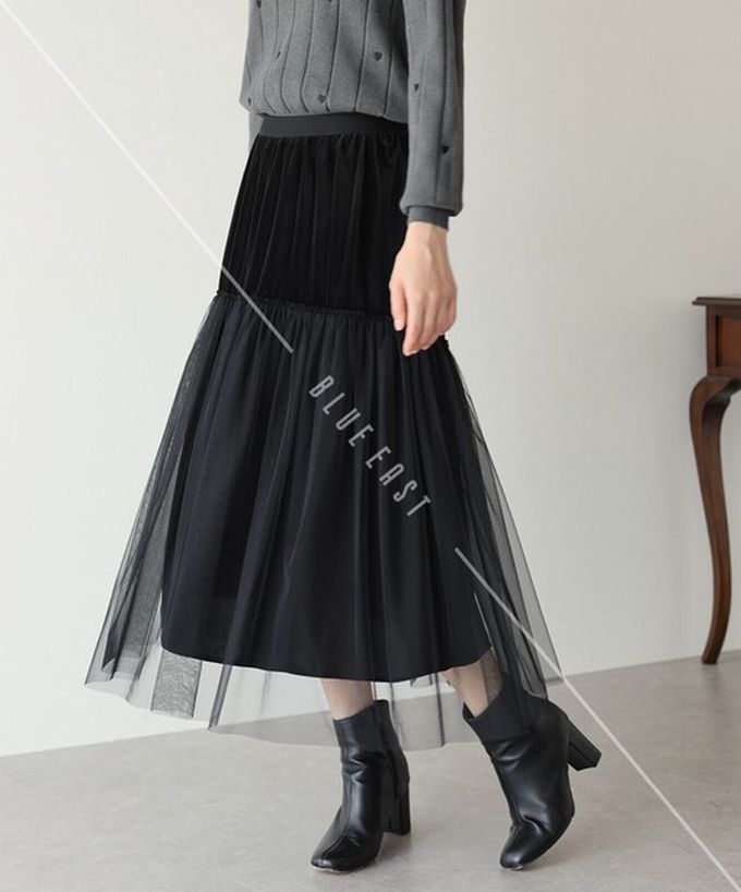 日本 BLUE EAST - 薄紗絲絨拼接飄逸長裙-(可選長度)-深藍