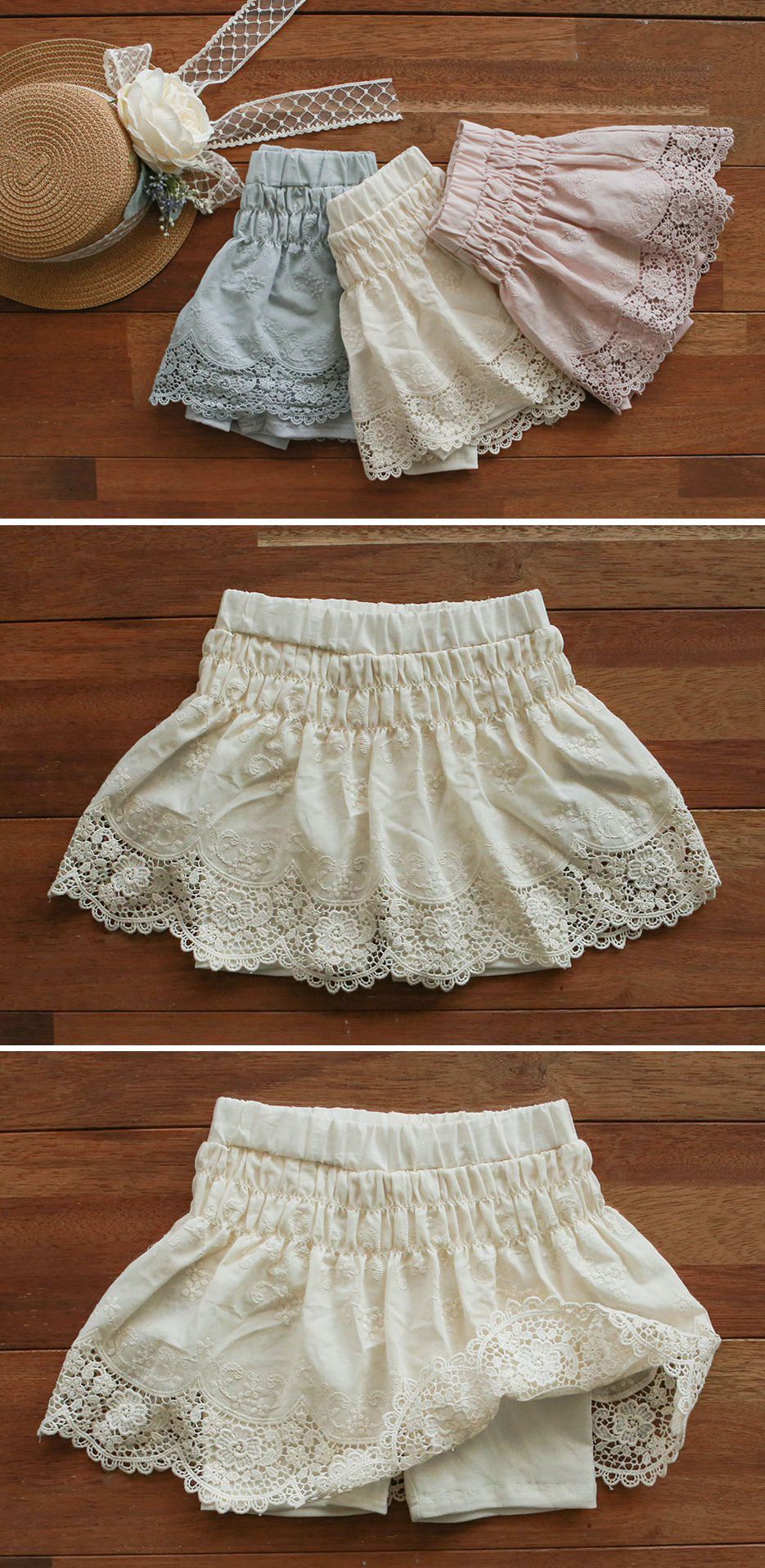 韓國 PuellaFLO - 蕾絲鏤空花瓣下襬褲裙-米白