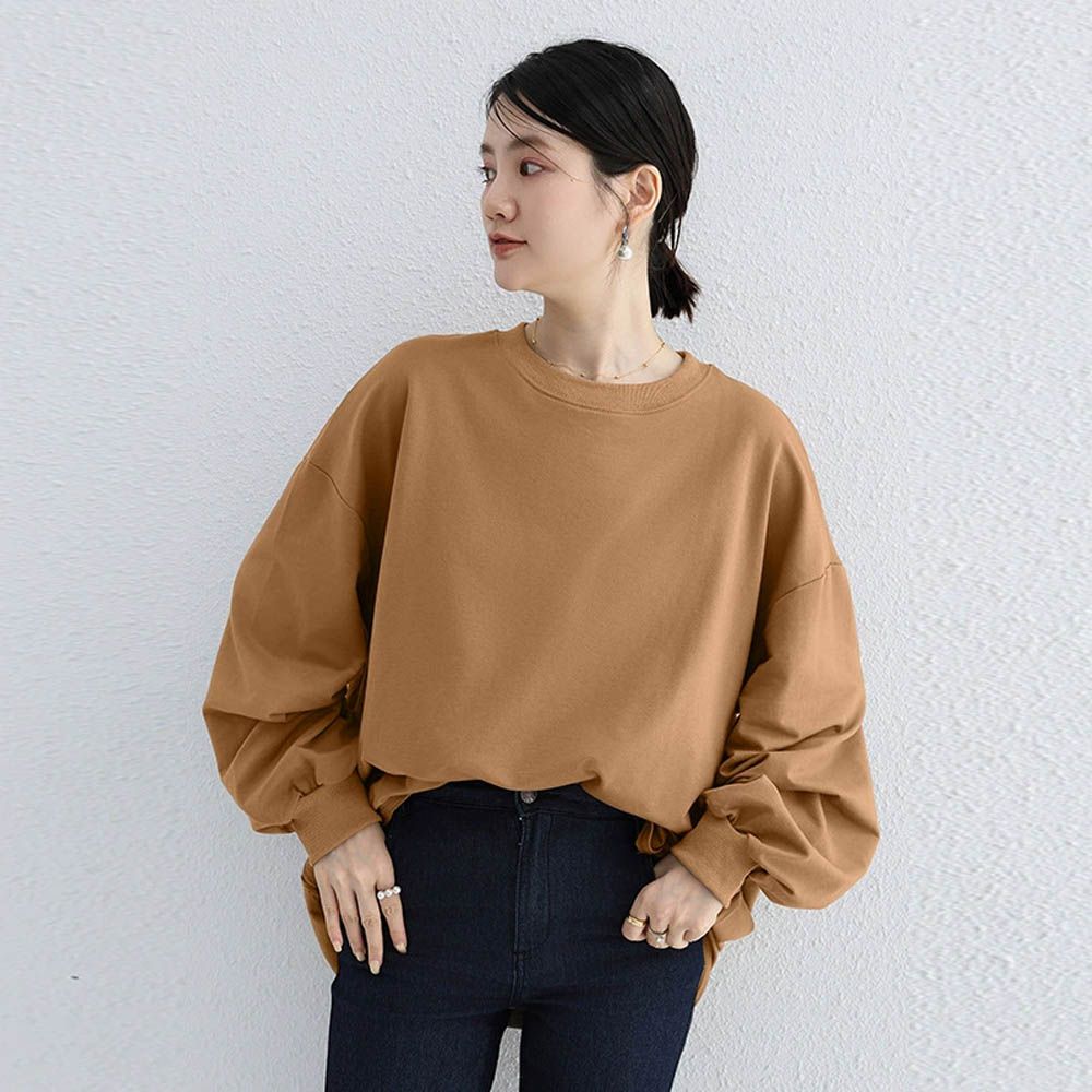 簡約休閒圓領落肩長袖上衣-咖色