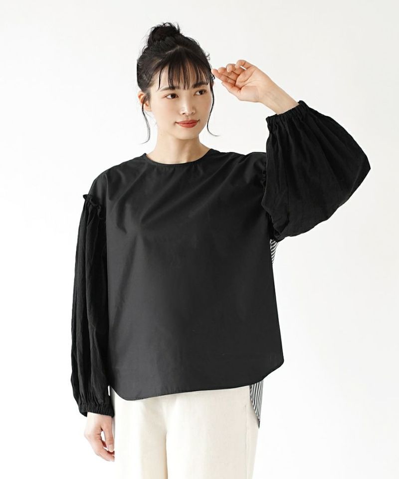 日本 zootie - 設計款條紋拼接泡泡短袖上衣-經典黑