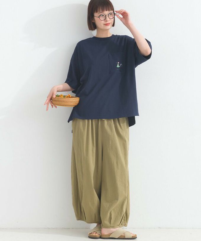 日本 Lupilien - 16支天竺棉俏皮動物刺繡寬大口袋T恤-海軍藍
