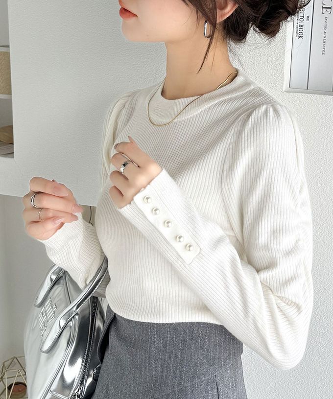 日本 Classical Elf - mily bilet 珍珠點綴泡泡袖針織上衣-淺粉