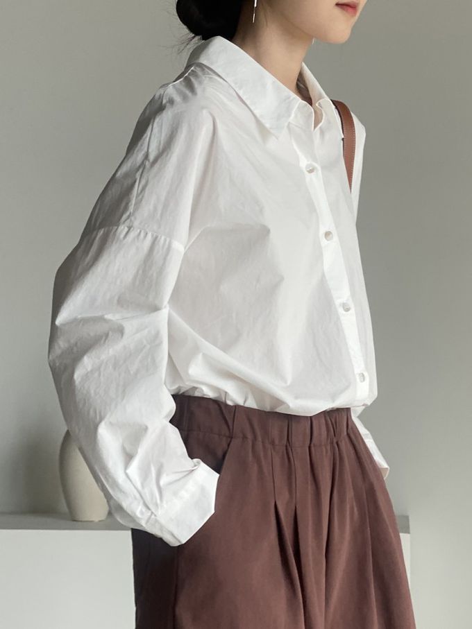 韓國女裝連線 - 知性背後抓褶翻領長袖襯衫-象牙白 (FREE)