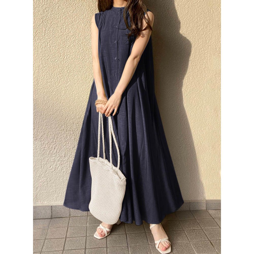 飄逸皺摺休閒襯衫式無袖洋裝-海軍藍 (M)