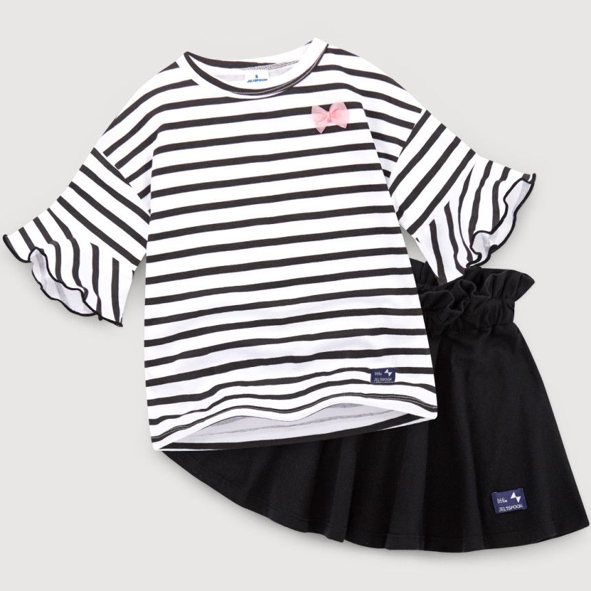 韓國 Jelispoon - 荷葉條紋上衣花苞裙套裝-黑