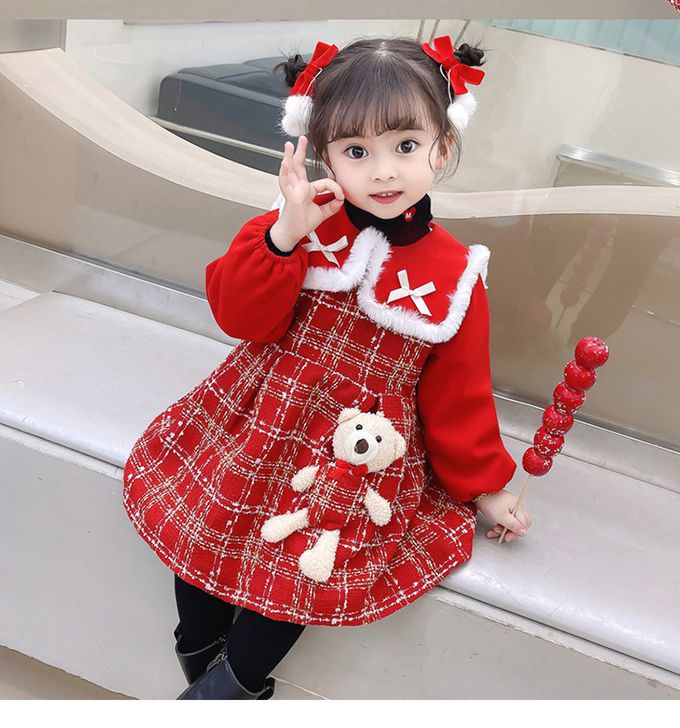 加厚翻領格紋連身裙-立體熊熊-紅色