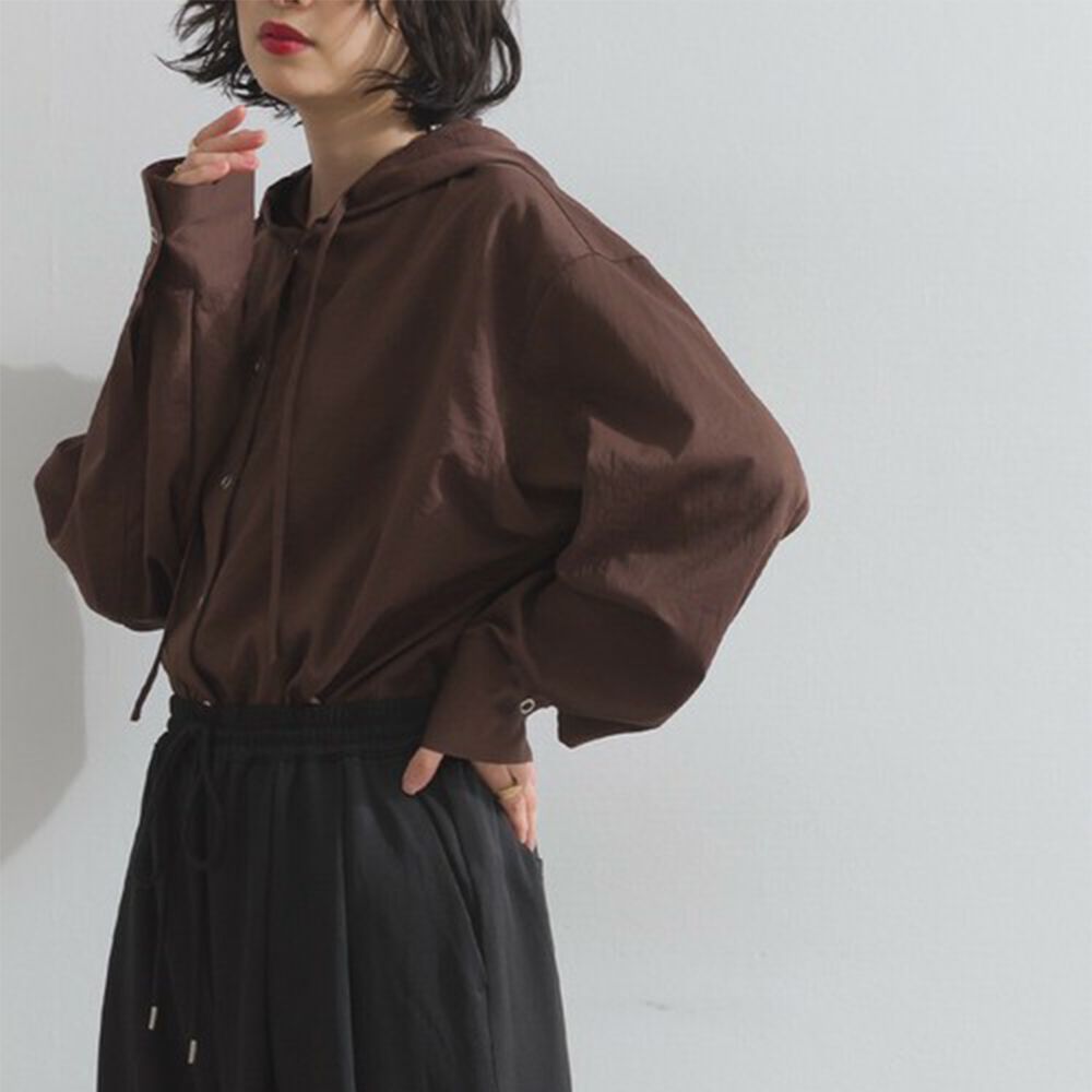 復古風磨毛寬版連帽長袖襯衫-咖啡