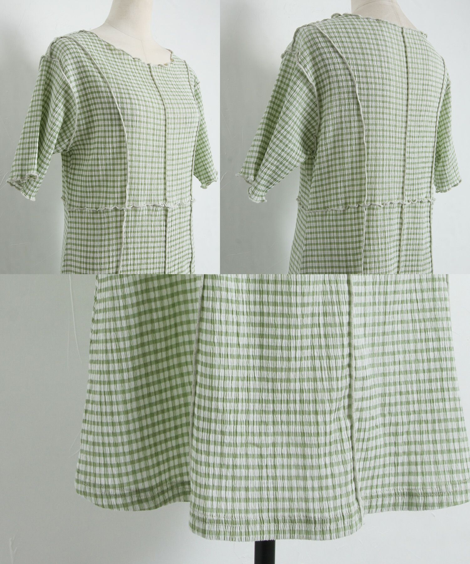 日本 tocco-closet - 修身線條五分袖洋裝-格紋-薄荷