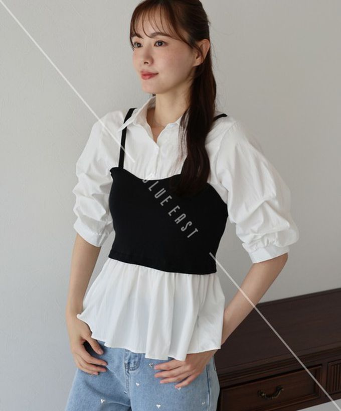 日本 BLUE EAST - 假二件俐落時尚疊穿五分袖上衣-黑x水藍