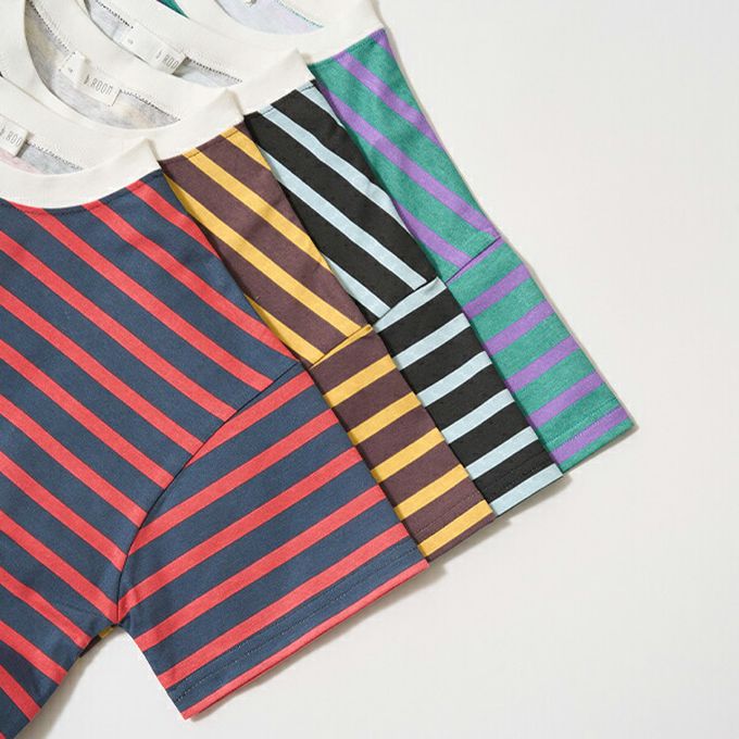 日本 b-ROOM - 柔軟不易皺條紋落肩短袖上衣-綠x紫