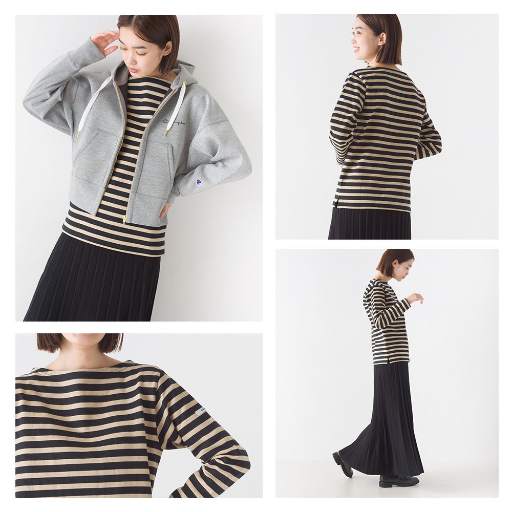 日本 OMNES - 顯瘦船領純棉薄長袖上衣-條紋-杏x白