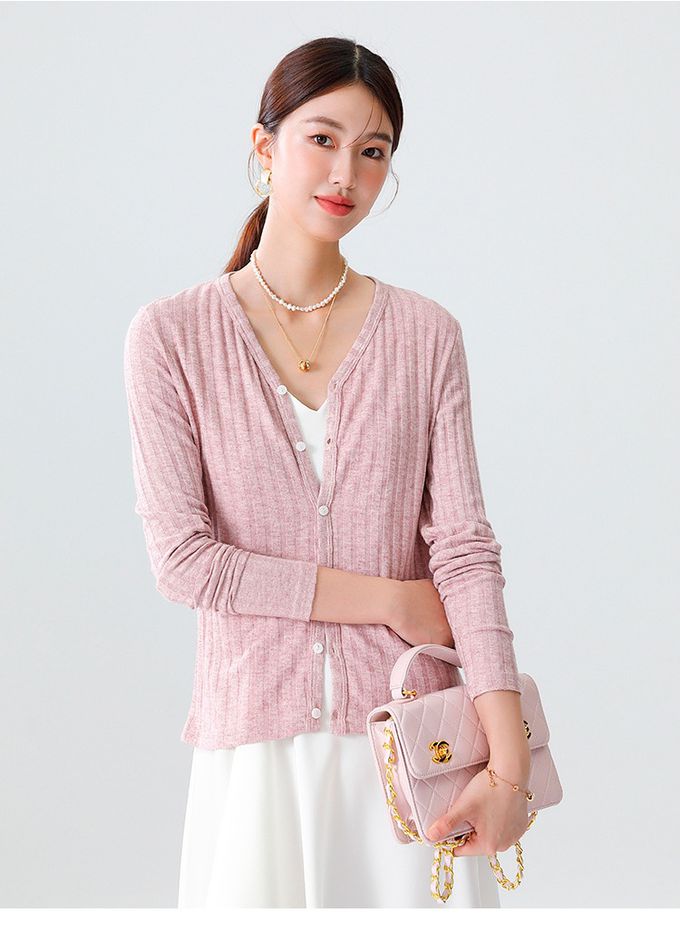 V領坑條紋針織開衫外套/上衣-粉色