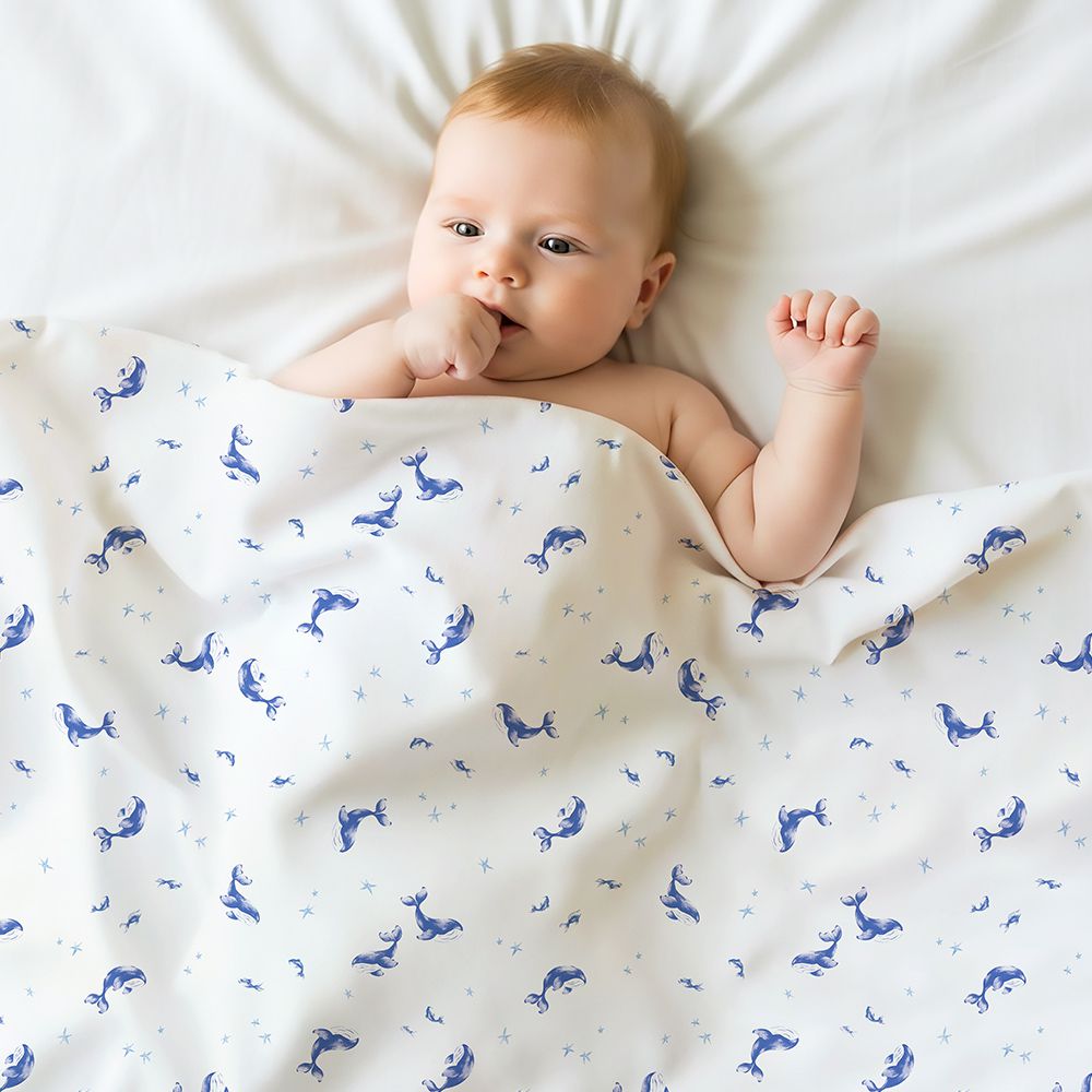 韓國 多功能包巾/蓋毯 90x90cm-絲柔款-蔚藍鯨魚