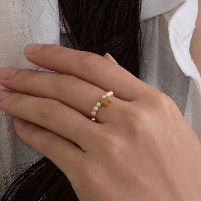 日本 Melody Accessory - 日本製 甜美珍珠18K金戒指鏈環-(可調戒圍)-星星