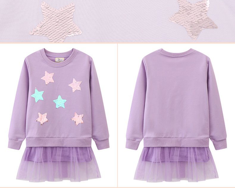 Jumping meters - 棉質圓領長袖連身網紗洋裝-星星-紫色