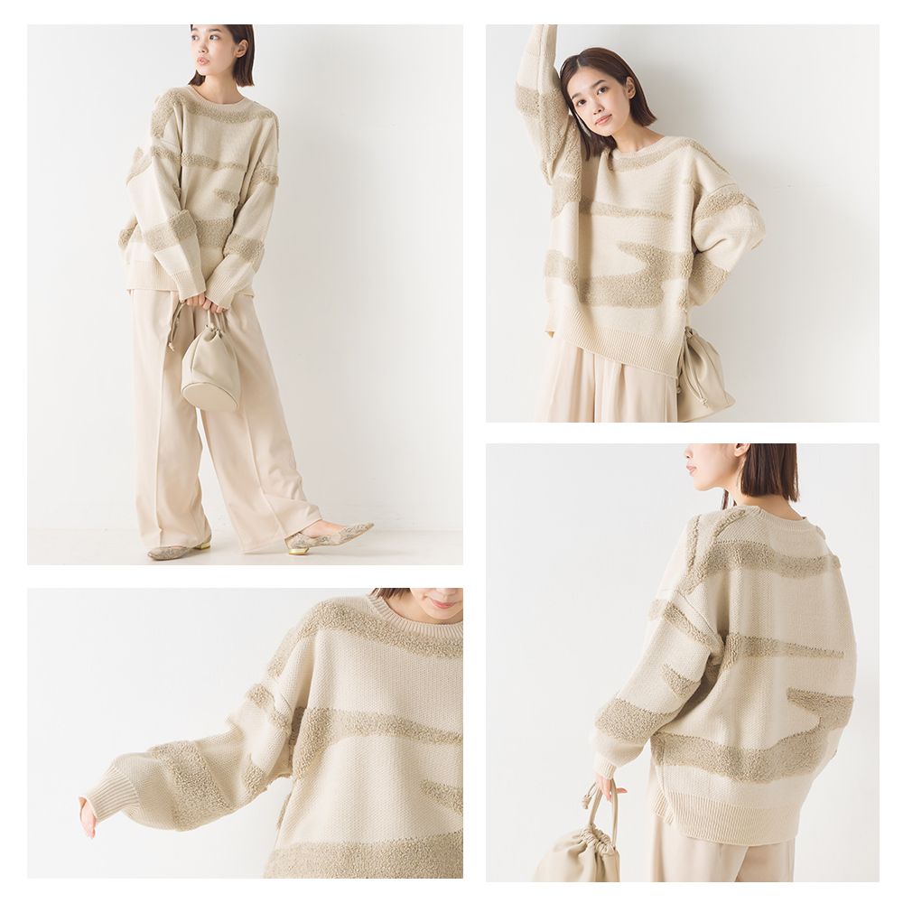 日本 OMNES - 不規則毛絨設計針織毛衣-奶油杏