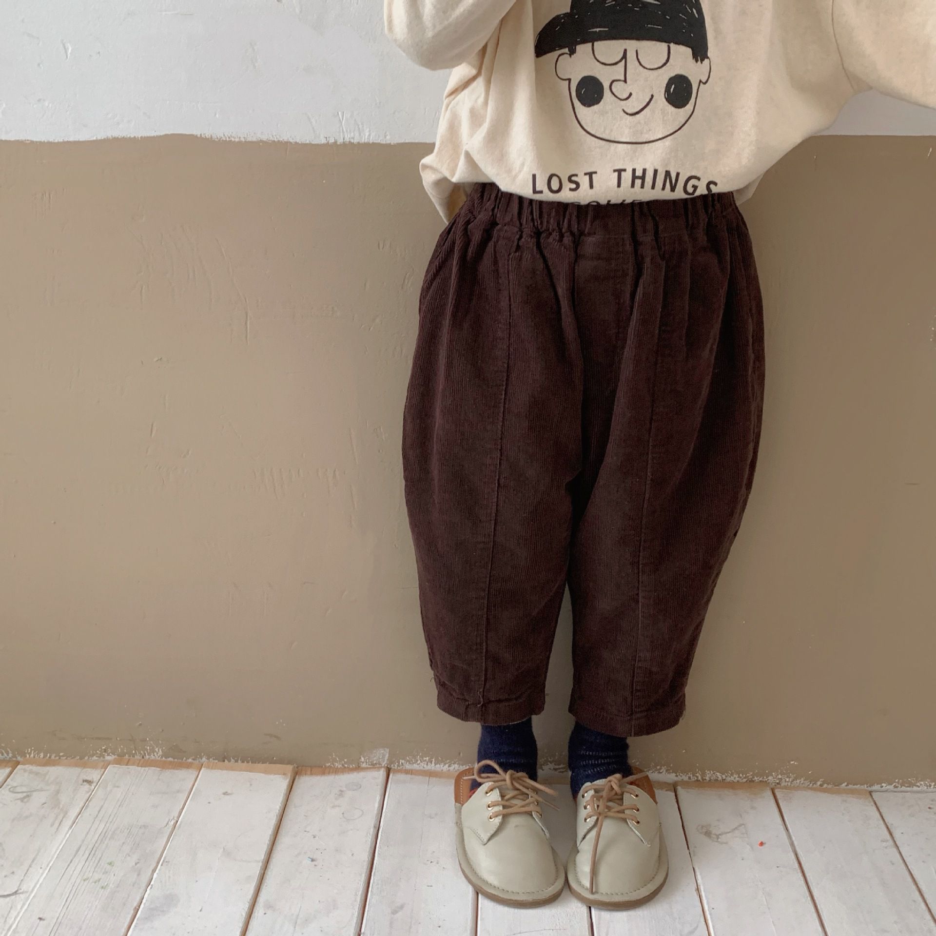 燈芯絨鬆緊腰長褲-咖啡色