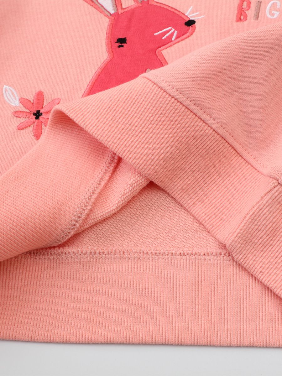 Jumping meters - 棉質圓領長袖上衣/大學T-刺繡兔兔與花-粉色