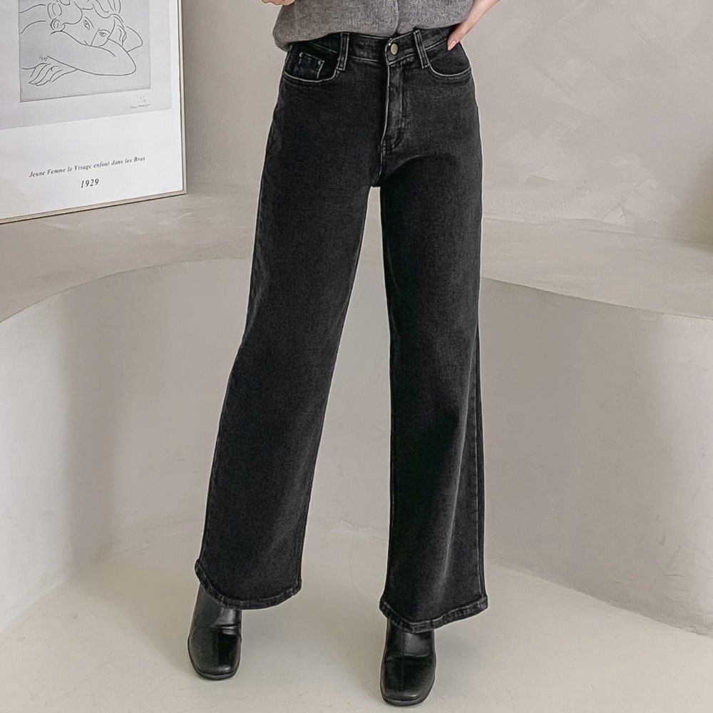 EDITION (內磨毛)彈性腰簡約長腿直筒褲-黑