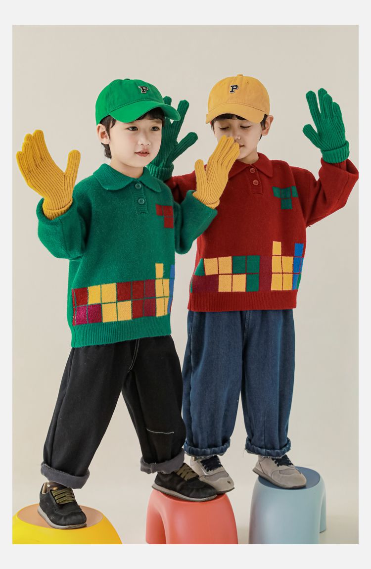 TONGMO - 復古Polo翻領針織長袖毛衣-俄羅斯方塊-黑色