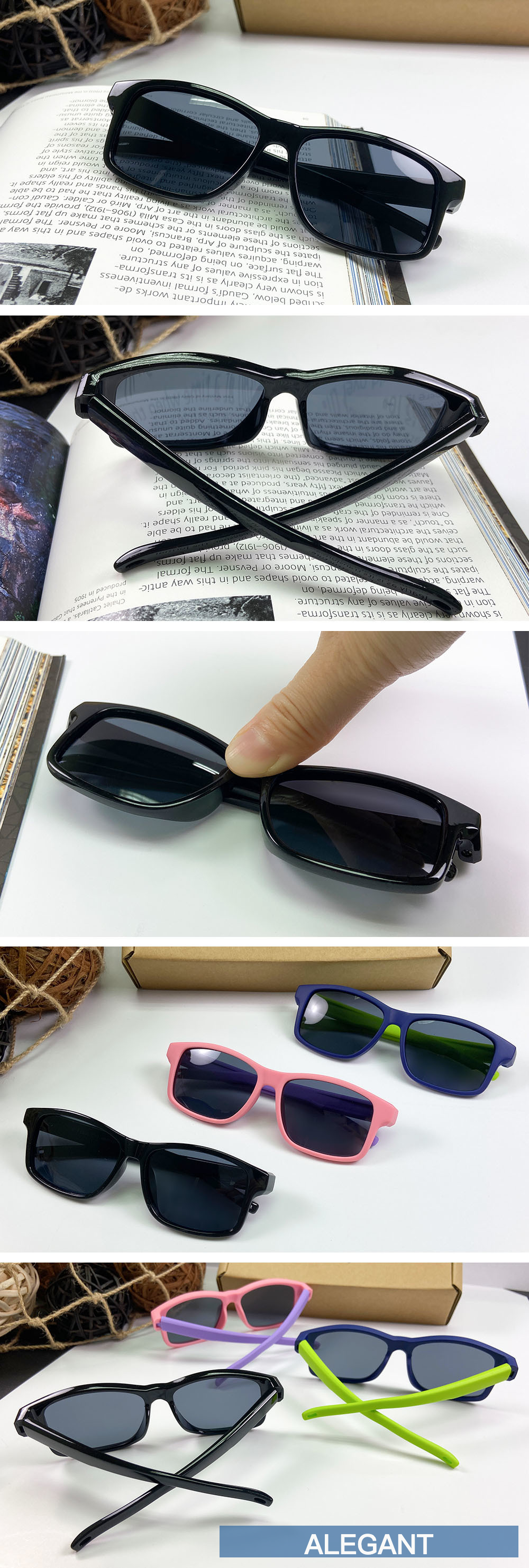 ALEGANT - 潮流率性黑中性兒童專用輕量方形彈性偏光墨鏡│UV400太陽眼鏡